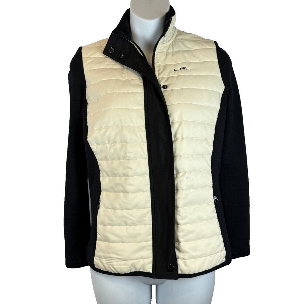 Lauren Ralph Lauren LRL Mixed Media Jacket Black Cream Knit Sleeves Snap Zip PXS